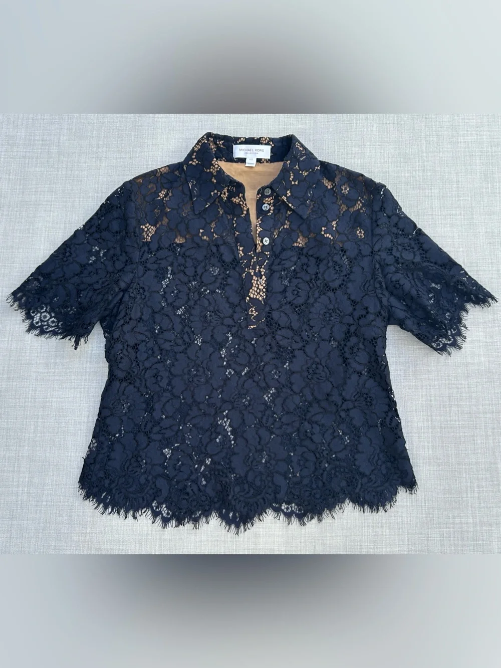 Michael Kors Collection Midnight Scalloped Lace Short Sleeve Shirt Top Blouse XS